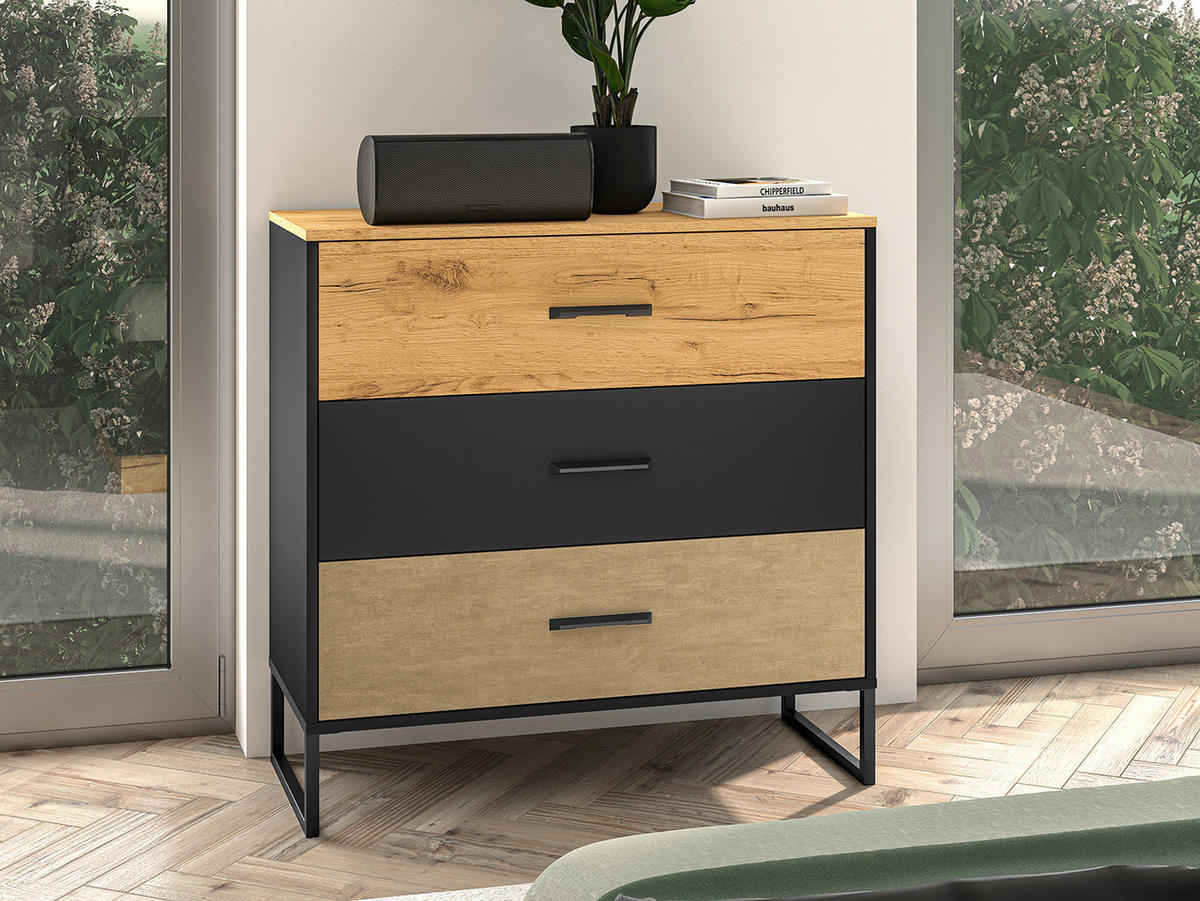 KOMMODE Colt schwarz / Craft Gold Eiche / Premium Steel 92 / 40 / 90cm - Braun, Holz/Holzwerkstoff (92/90/40cm) - Feldmann-Wohnen