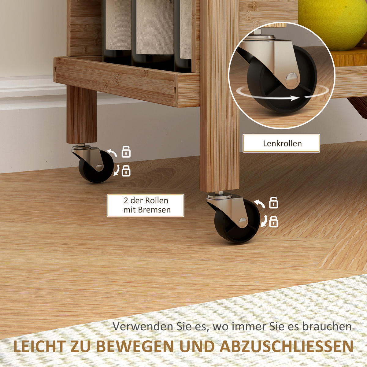 KÜCHENWAGEN mit Weinregal, 66 x 40 x 70 cm, Natur - Naturfarben, Naturmaterialien (40/70/66cm) - HOMCOM