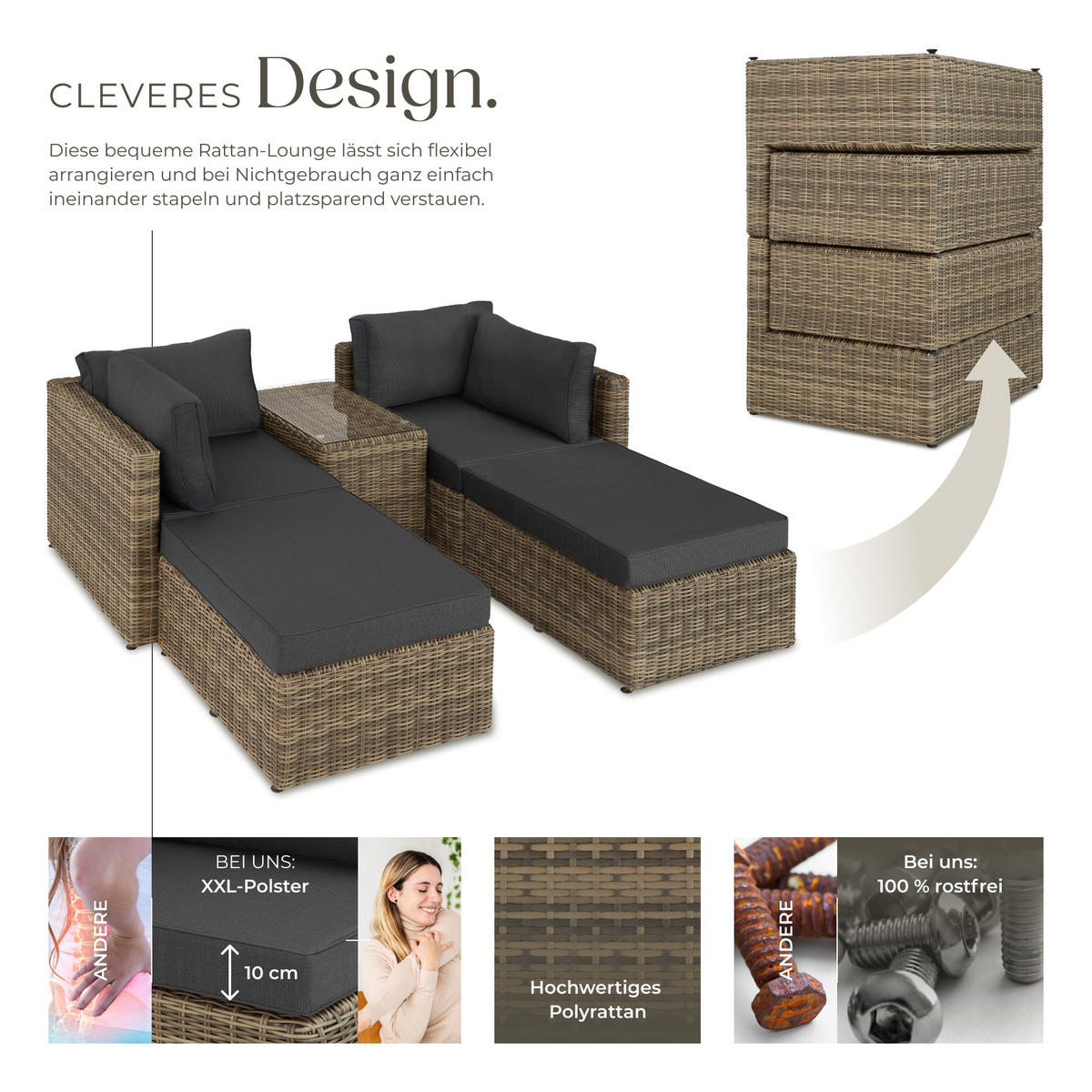 RATTANLOUNGE San Domino,mit Sicherheitsglasplatte,natur - Naturfarben, Kunststoff (72/63cm) - tectake