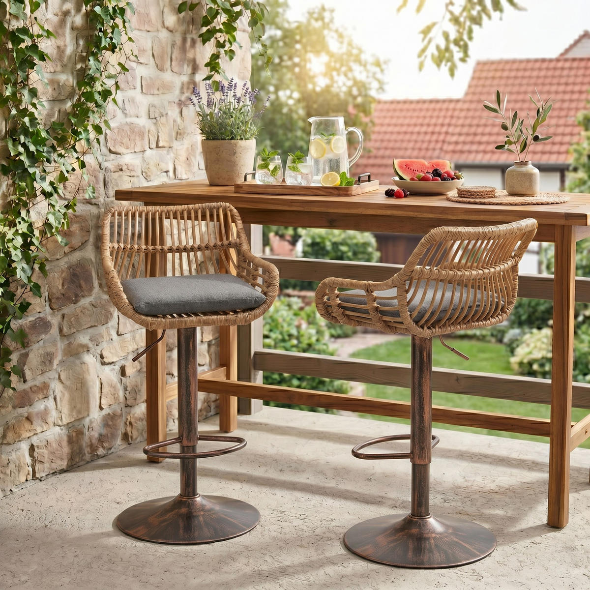 BARHOCKER,DREHSTUHL,RATTAN 360° drehbar, 2er-Set,Grau - Grau, Metall (38/109/39cm) - LVHOM