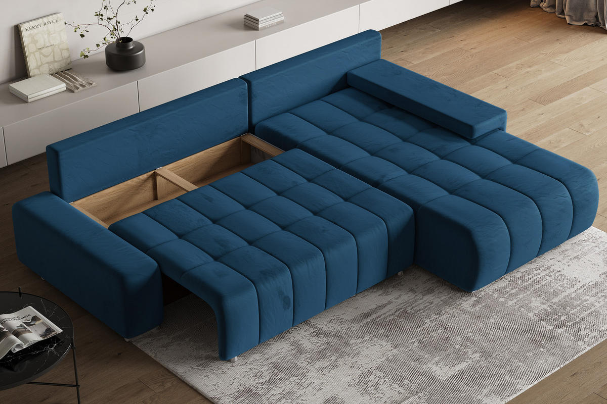 ECKSOFA ALESE R-S Blau Velours-Stoff mit Schlaffunktion - Blau, Holz (265/185cm) - MASSENO