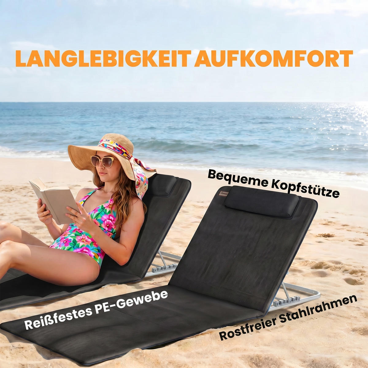 HÖHENVERSTELLBARE STRANDLIEGE, 134 x 48 x 33-43 cm, Stahl, Schwarz - Schwarz, Kunststoff (48/43/134cm) - Outsunny