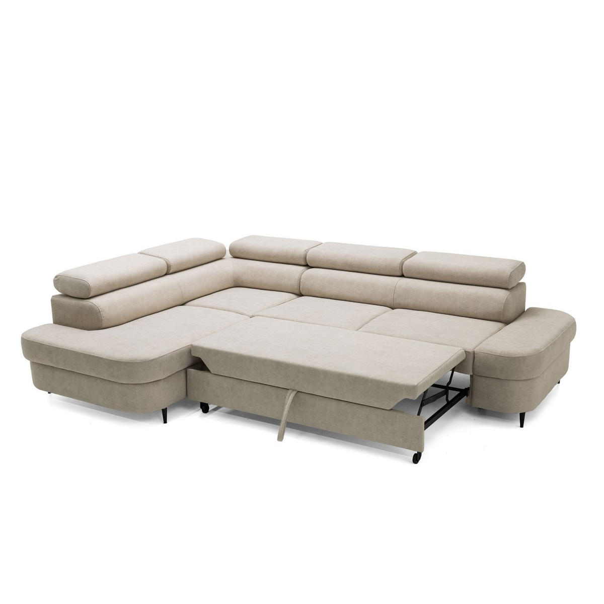 ECKSOFA PRIAM L Links mit Schlaffunktion 125x195 Velours Beige - Beige/Schwarz, Holz/Textil (203/275cm) - Muffo