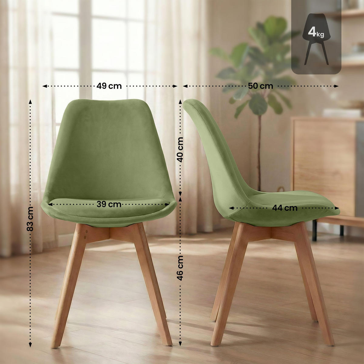 STUHL Samt hellgrün - Eukalyptusholzfarben/Hellgrün, Holz/Textil (49/83/50cm) - CLP