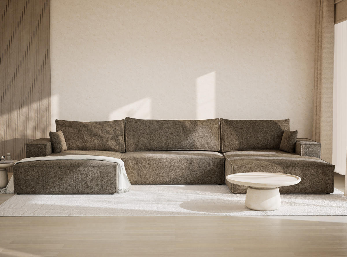 WOHNLANDSCHAFT Kyoto Taupe Chenille-Stoff - Taupe/Schwarz, Holz/Holzwerkstoff (398/70/148cm) - Maison de Reve