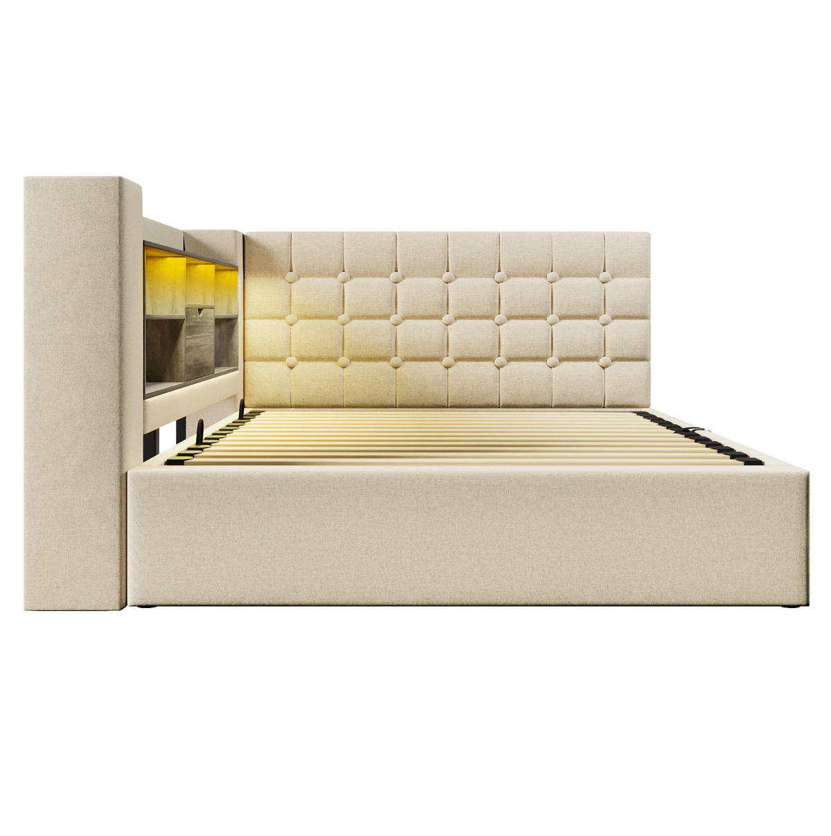 POLSTERBETT mit Stauraum 140x200 cm Leinen Beige inkl. Matratze - Beige, Metall (140/200cm) - Meubliv