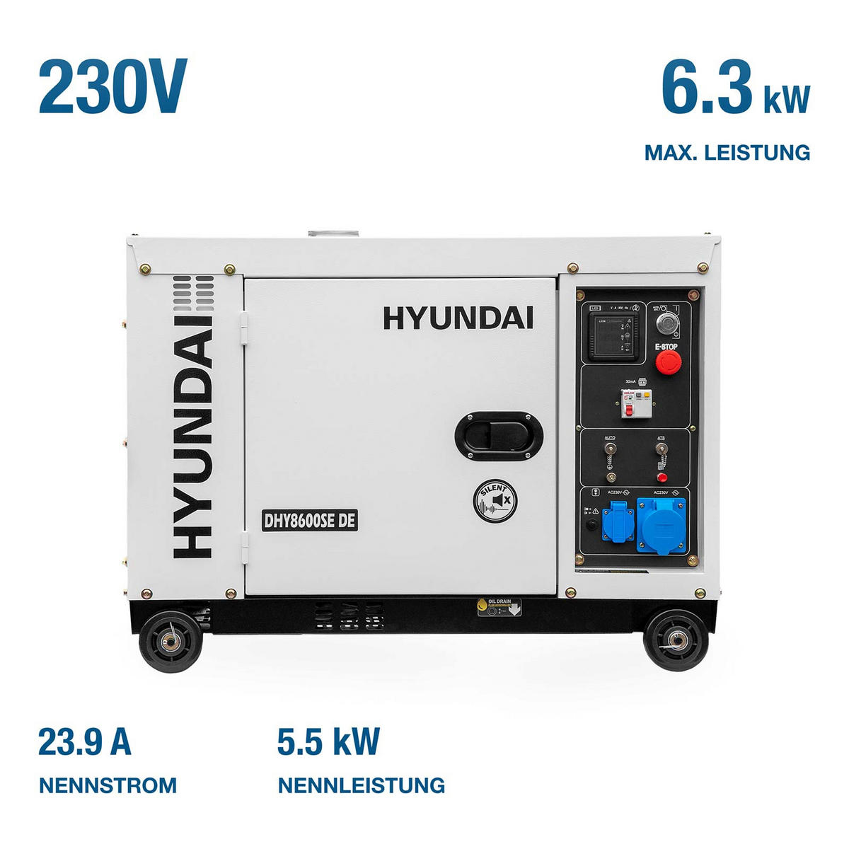 DIESEL Generator DHY8600SE D (6.3 kW, Elektrostart, 2 x 230V) - Weiß, Metall (92/52/72cm) - HYUNDAI