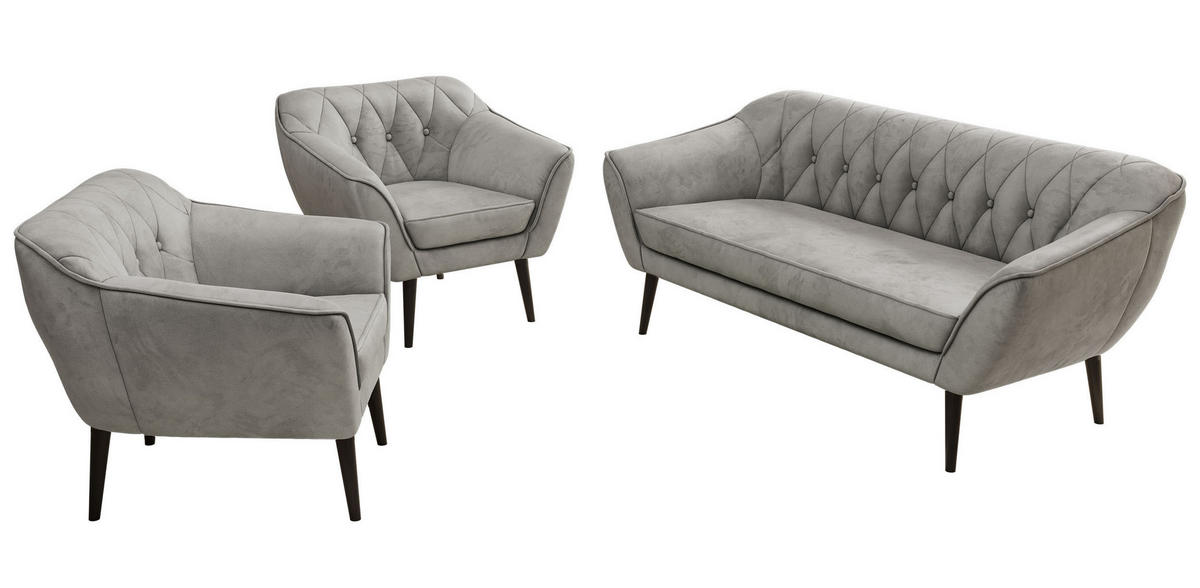SEDACÍ SOUPRAVA 3+1+1 PIRS - Světle šedá Samet - Černé nohy - černá/světle šedá, kompozitní dřevo/textil (180/75/74cm) - MKS