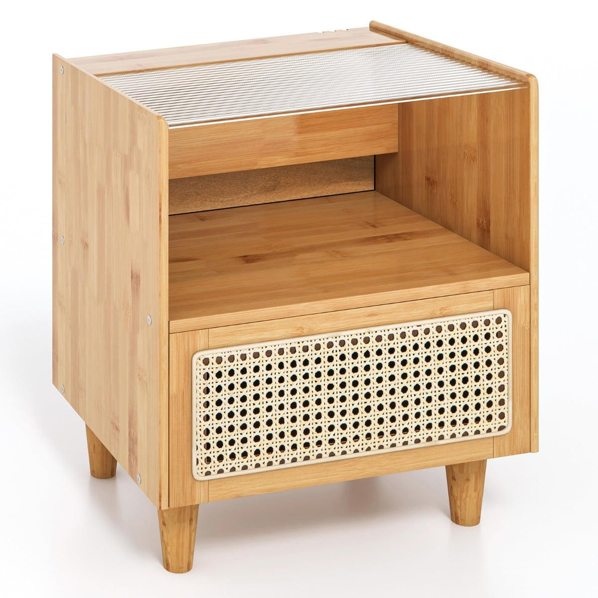 NACHTTISCH Bambus & Rattan mit Schublade und verstecktem Kabel-Stauraum, Natur - Naturfarben, Naturmaterialien/Holzwerkstoff (35/50/43cm) - DESIGN IN