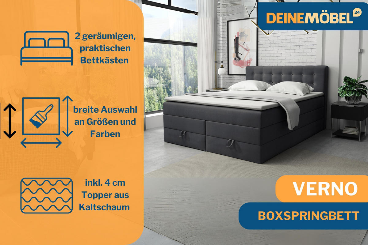 BOXSPRINGBETT VERNO 180/200 in Velour Dunkelgrau - Dunkelgrau, Holz/Holzwerkstoff (180/200cm) - Deine Möbel 24