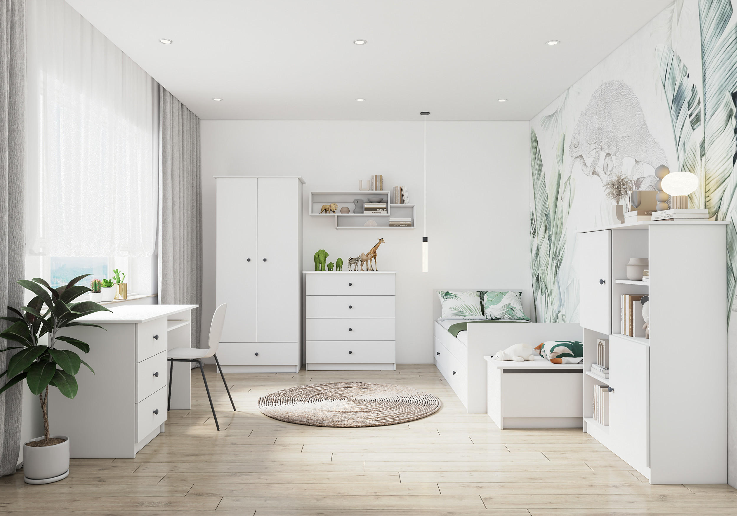 JUGENDZIMMER Livani in Weiß 6-teiliges Kinderzimmer Komplettset mit grauen Griffen - Weiß, Holzwerkstoff (80/200/120cm)