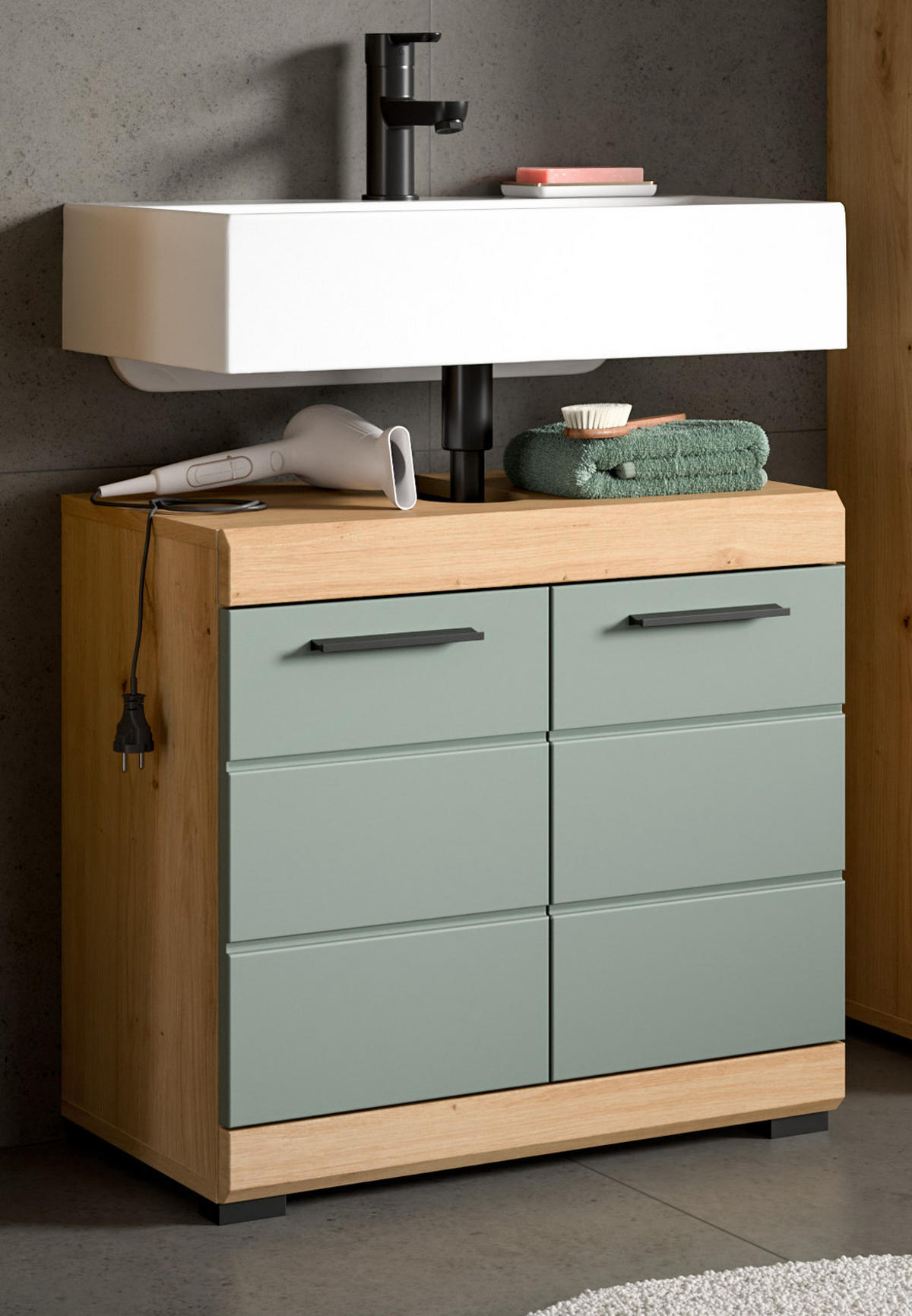 WASCHBECKENUNTERSCHRANK Salbei grün, Eiche Artisan 60 cm mit Rillenoptik - Salbeigrün/Schwarz, Holzwerkstoff/Kunststoff (60/56/34cm) - Inn.Furn