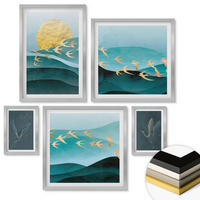 WANDBILDER 5er Set - 50x50 cm & 20x30 cm & 40x60 cm Silberner Rahmen - Stilvolle Landschaften mit Vögeln - Silberfarben, Kunststoff (40/60cm) - ArtPrintCave