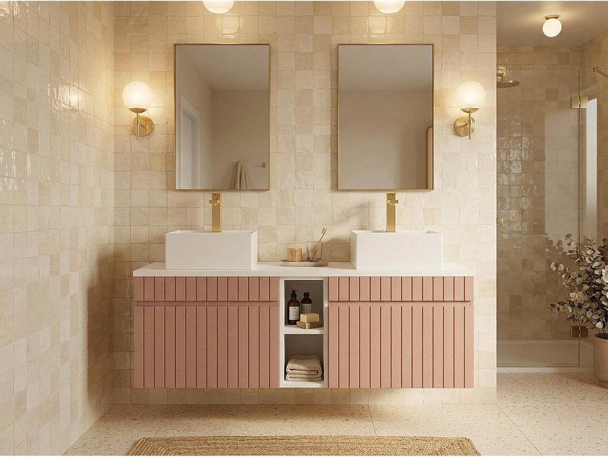 WASCHBECKENUNTERSCHRANK - 140cm x 46cm - MDF - puderrosa, weiß - SATARA - Pink, Holz (140/46/46cm) - Vente-Unique