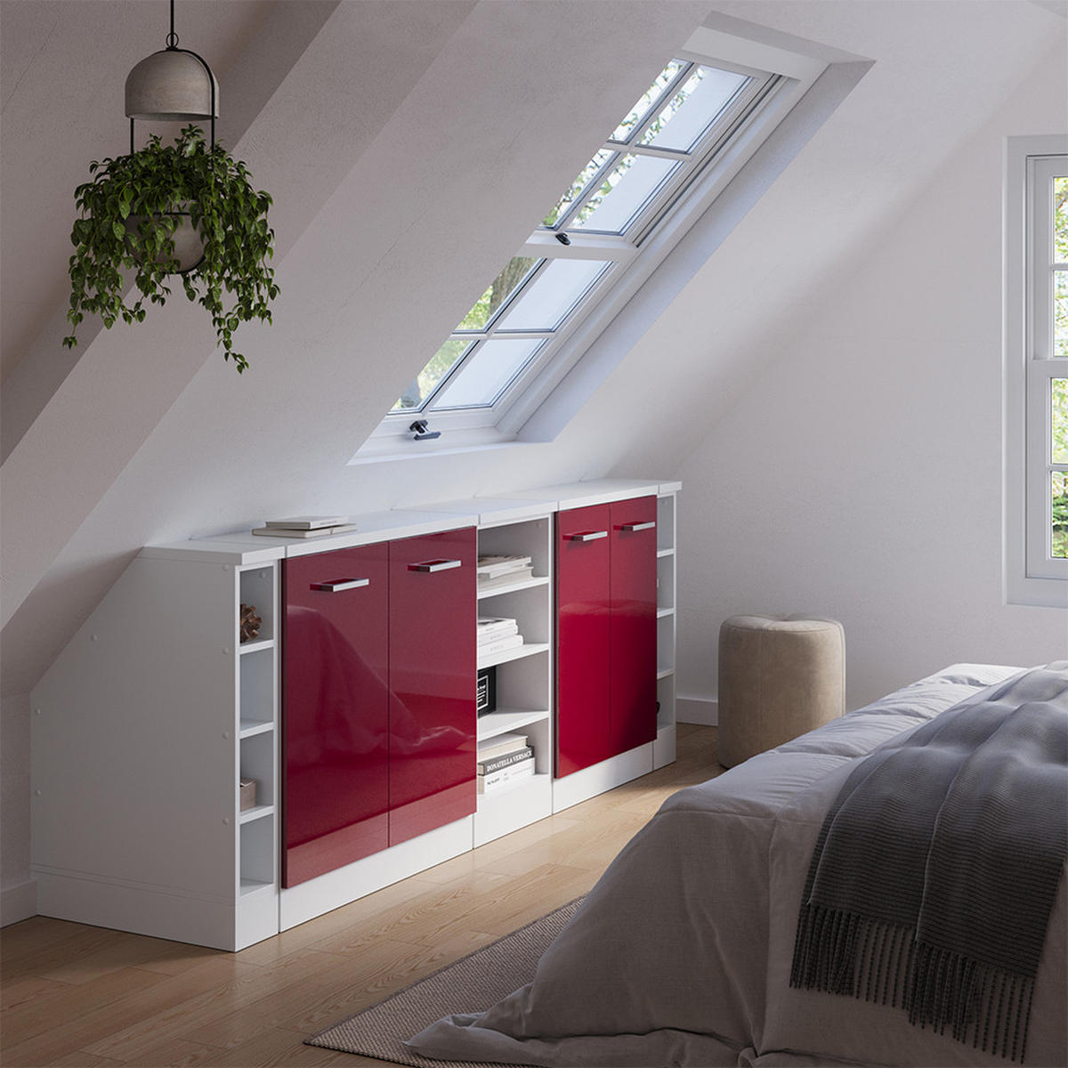 ŠATNÍ SESTAVA PRO ŠIKMÉ STŘECHY Rion Červená vysoký lesk 210 cm Sada 5 korpusů skříně hloubka 60 cm - bílá/bordeaux, kompozitní dřevo (210/83.8/60cm) - Vicco