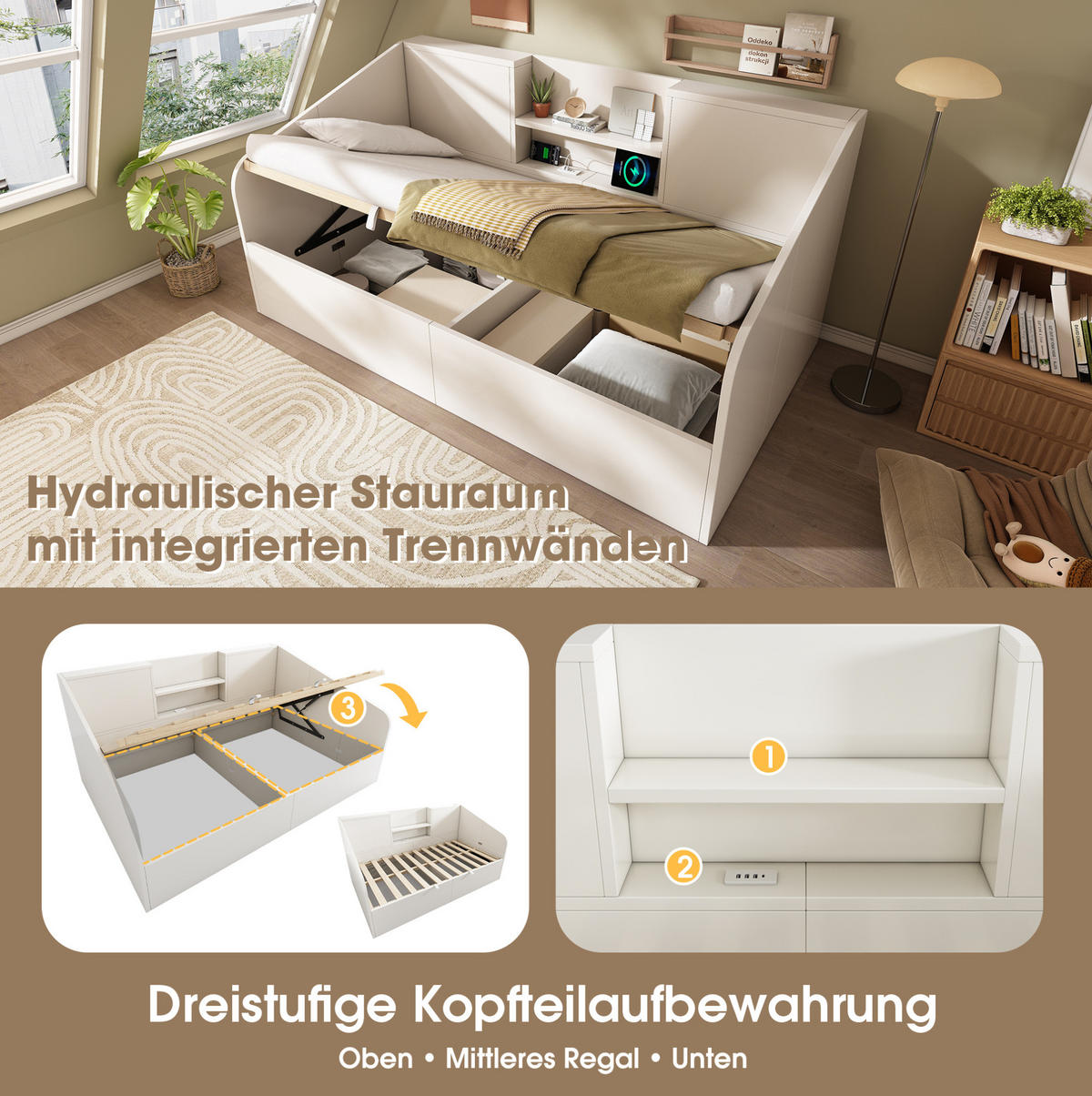 HOLZ-TAGESBETT 90/200 cm mit Bettkasten, USB/Type-C und Lattenrost - Weiß, Textil (90/200cm) - BEAOK
