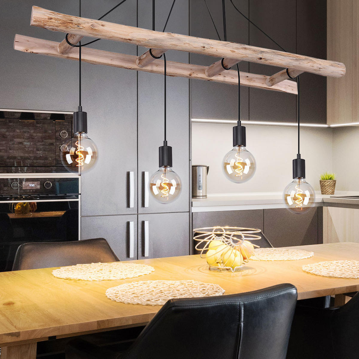 HÄNGELEUCHTE IRMGARD natur Schwarz - Schwarz, Holz (115/30/80cm) - Globo Lighting