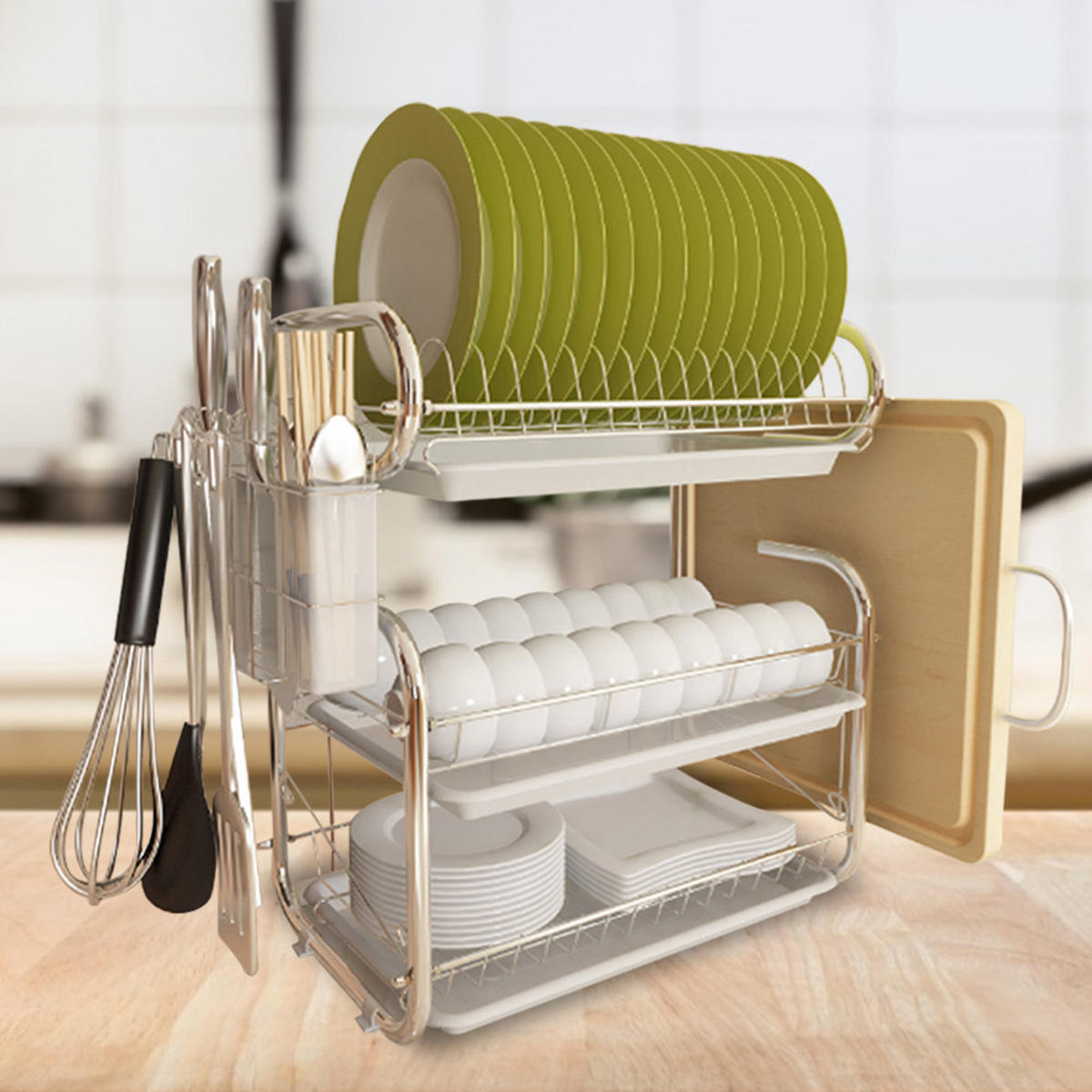 ABTROPFGESTELL Eisen weiß dreistöckig Tellerständer 9-förmiger multifunktionaler Aufbewahrungsständer Schneidebrett 40/25/44 cm - Grün, Metall (30/44/40cm) - Livingandhome