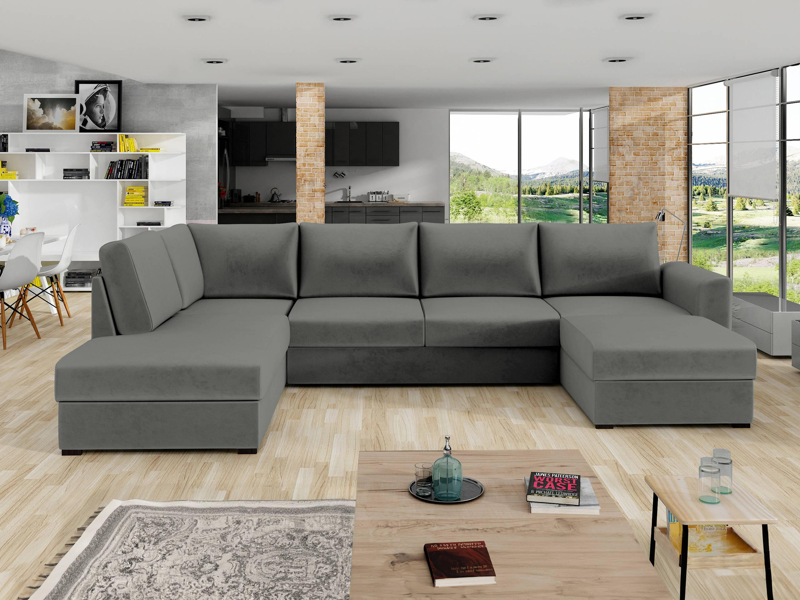 WOHNLANDSCHAFT Wilma, Seite: Links - Greige/Schwarz, Holz/Textil (305/85/188cm) - MIRJAN24