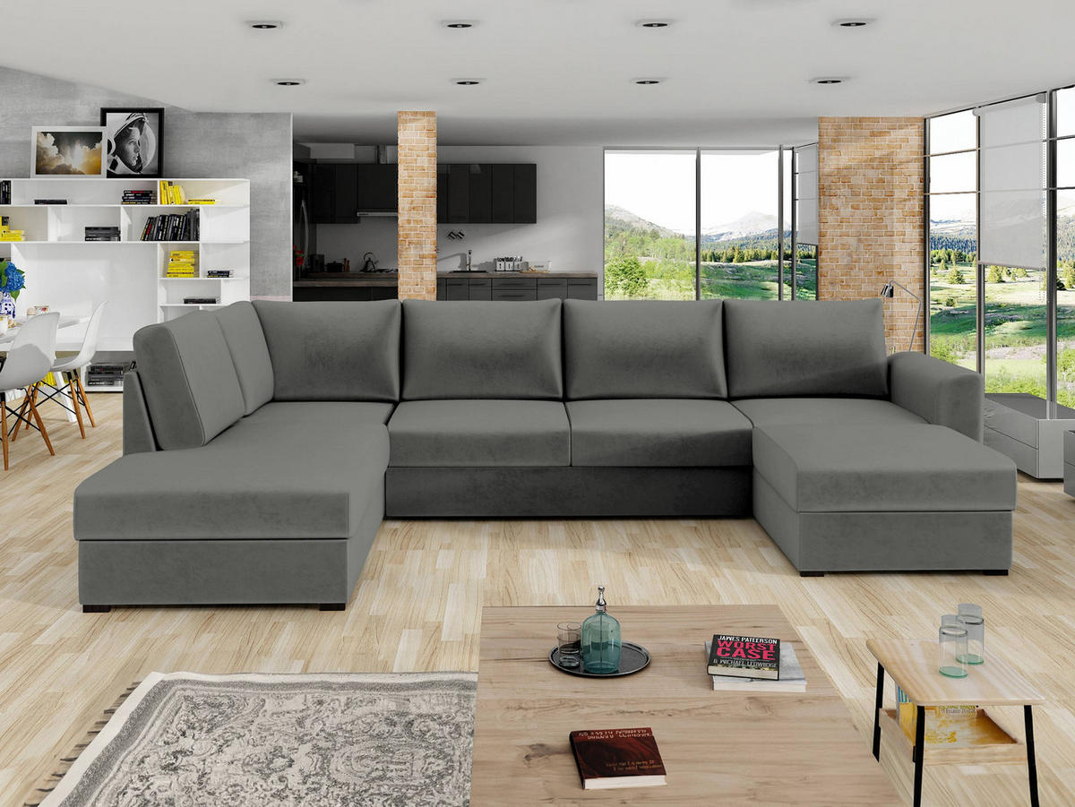 WOHNLANDSCHAFT Wilma, Seite: Links - Greige/Schwarz, Holz/Textil (305/85/188cm) - MIRJAN24