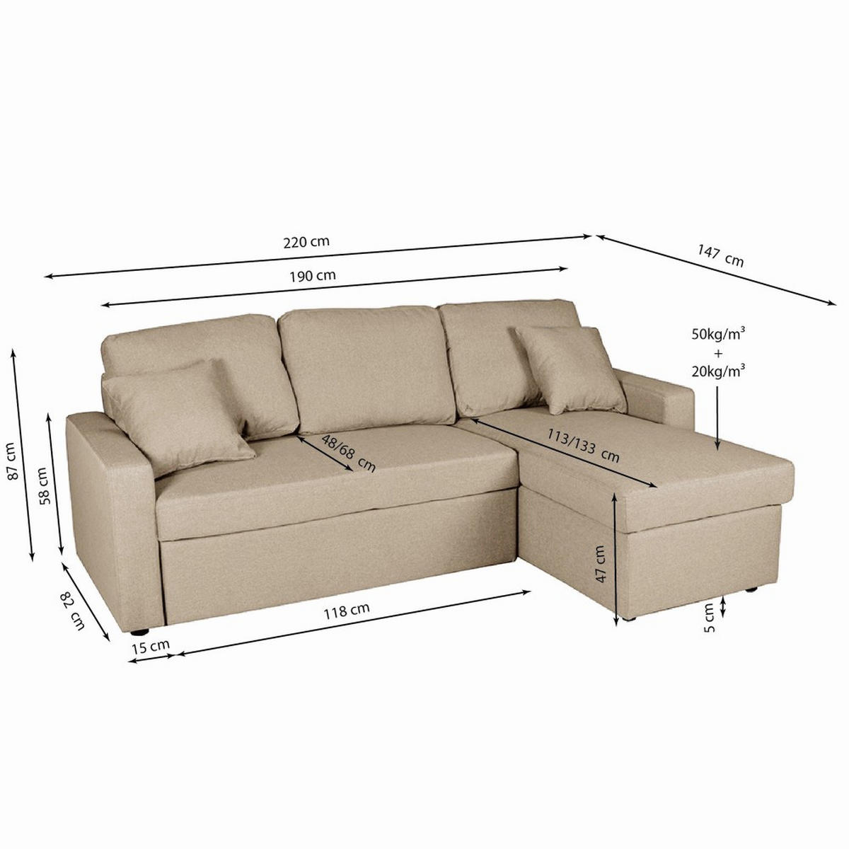 ECKSOFA truhe und wendbar ODEON / Beige - Beige, Textil (147/87/220cm) - Weber Industries