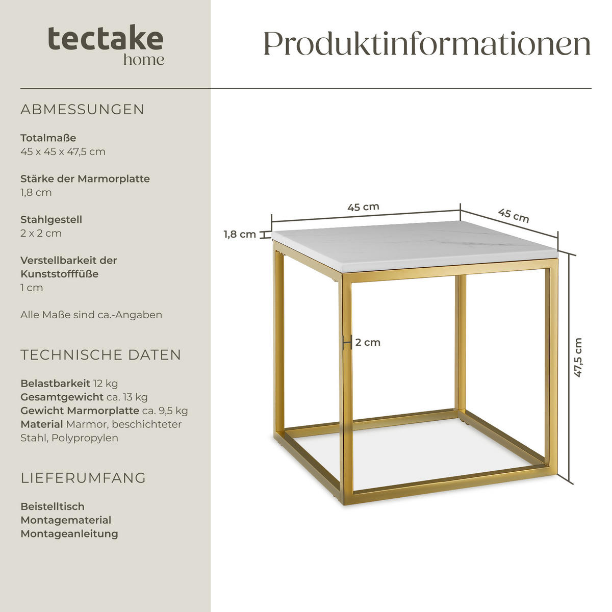 MARMOR-BEISTELLTISCH Alysia,mit höhenverstellbaren Kunststofffüßen,gold/weiß - Goldfarben/Weiß, Stein (45/45/47.5cm) - tectake