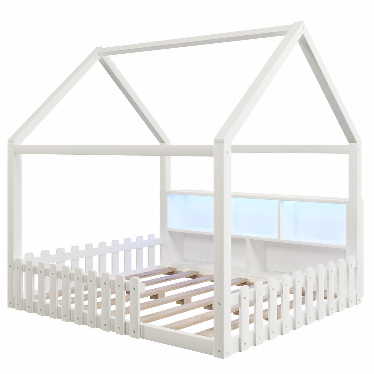 KINDERBETT 140/190 cm Weiß, mit Gitter, LED-Licht, offenen Staufächern und Hausdesign - Weiß, Holz