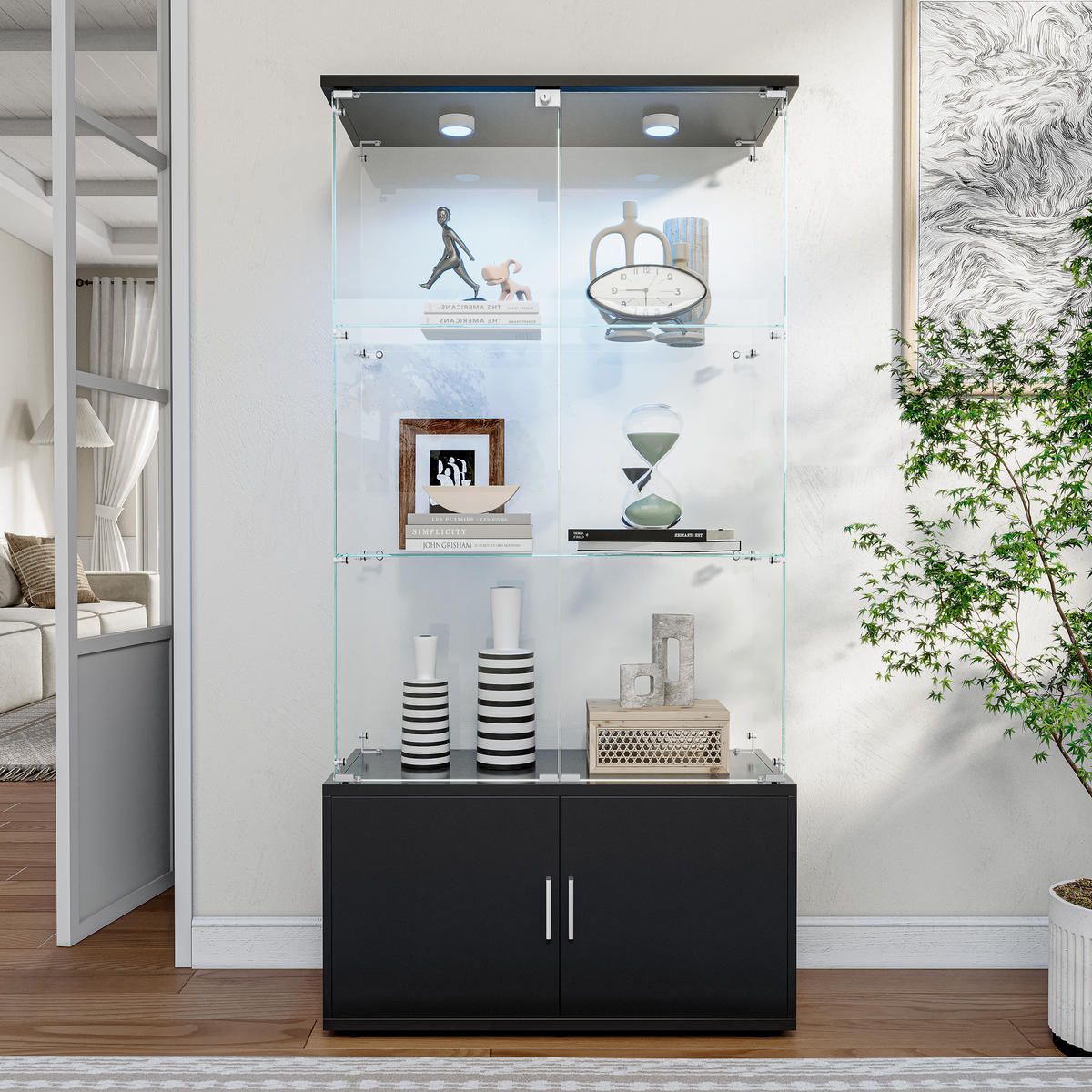 VITRINE Glas, LED, 3 Ebenen, 2 Türen, freistehend, modern, schwarz - Schwarz, Glas (78.51/164/35cm) - EuroLiving