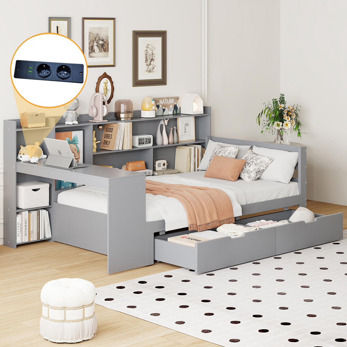 SCHLAFSOFA 90/200 cm mit Schreibtisch, Regalen, 2 Schubladen und USB-Steckdose, Grau - Grau, Holzwerkstoff (245.5/100/114.5cm) - Redom