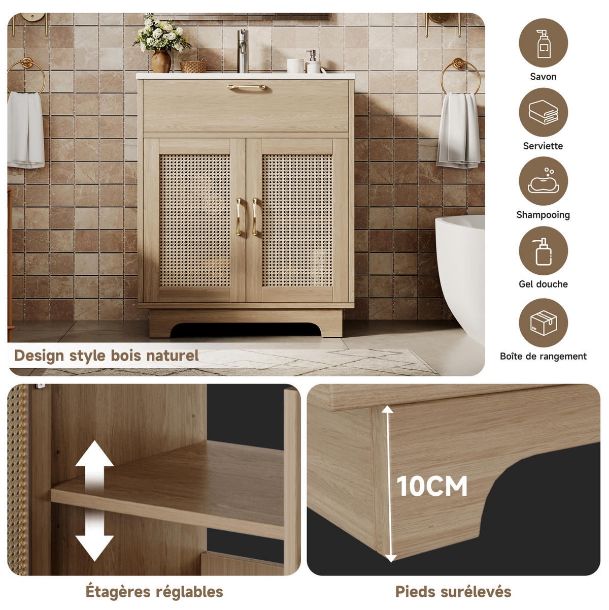 BADEZIMMERWASCHTISCH freistehend 76 x 46 x 88 cm MDF Natur mit Keramikbecken - Naturfarben, Holzwerkstoff (46/88/76cm) - Beauniv