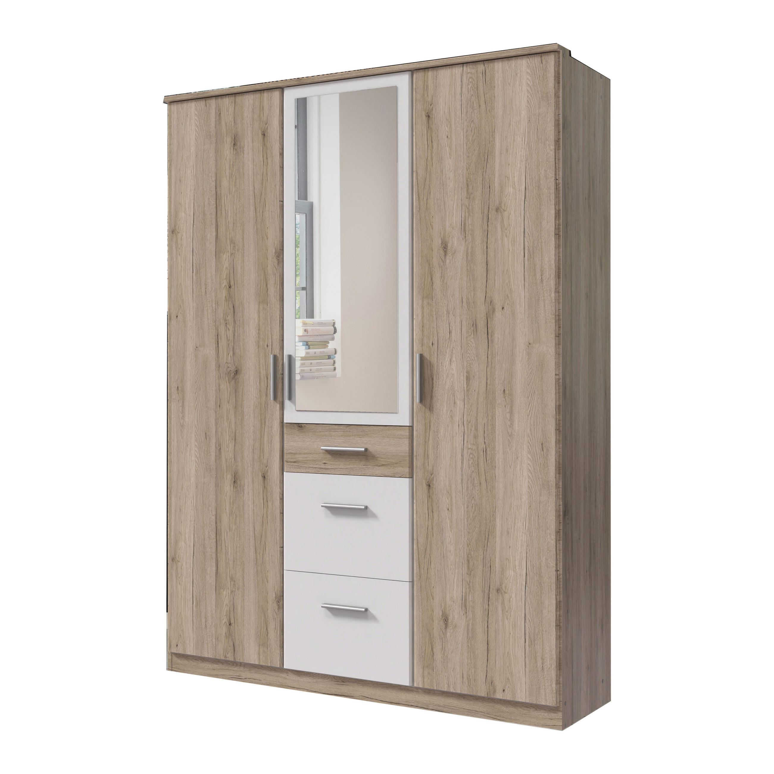 DREHTÜRENSCHRANK Joker in Eiche San Remo Weiß - 3 türig mit Spiegel - Braun, Holzwerkstoff (135/199/58cm)
