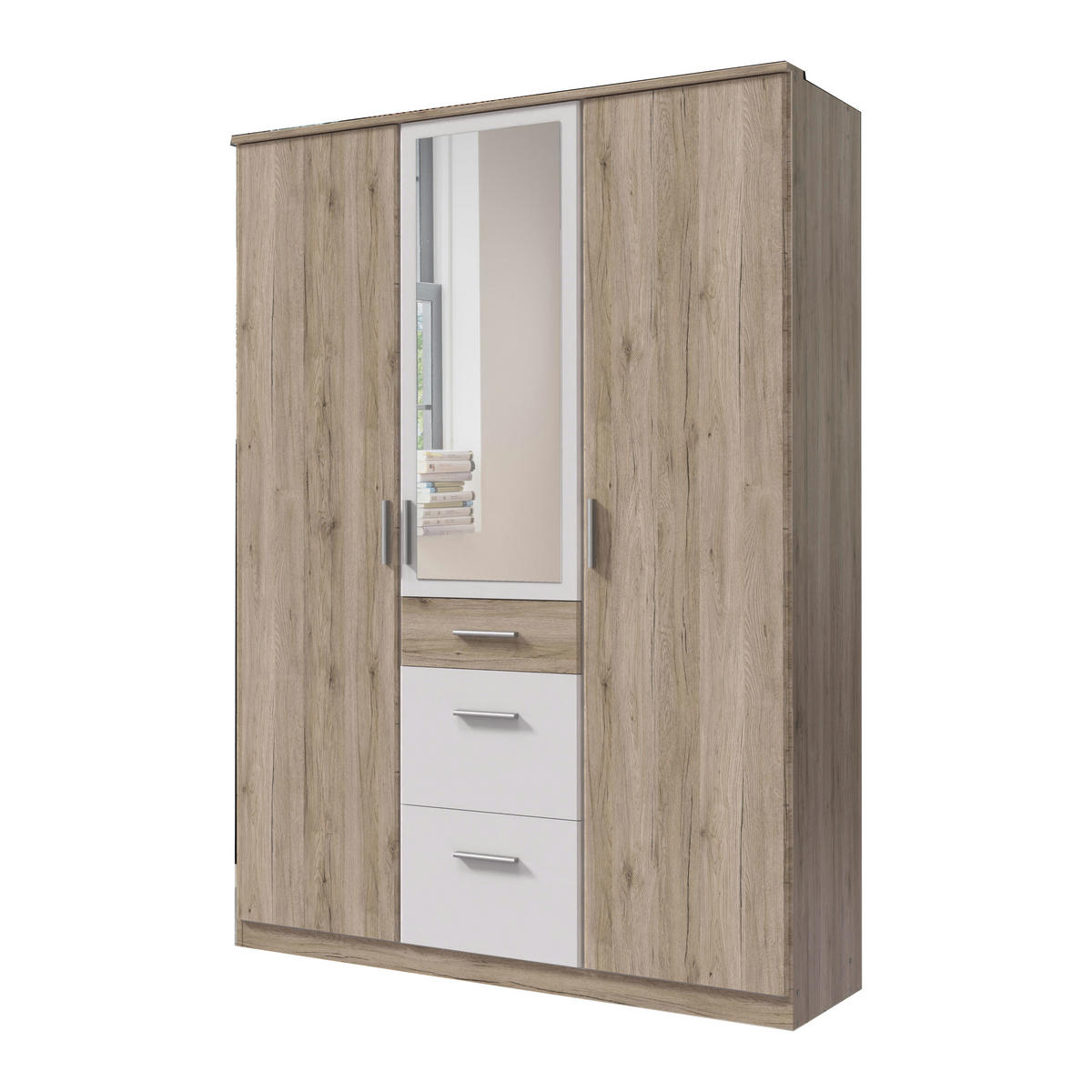 DREHTÜRENSCHRANK Joker in Eiche San Remo Weiß - 3 türig mit Spiegel - Braun, Holzwerkstoff (135/199/58cm)