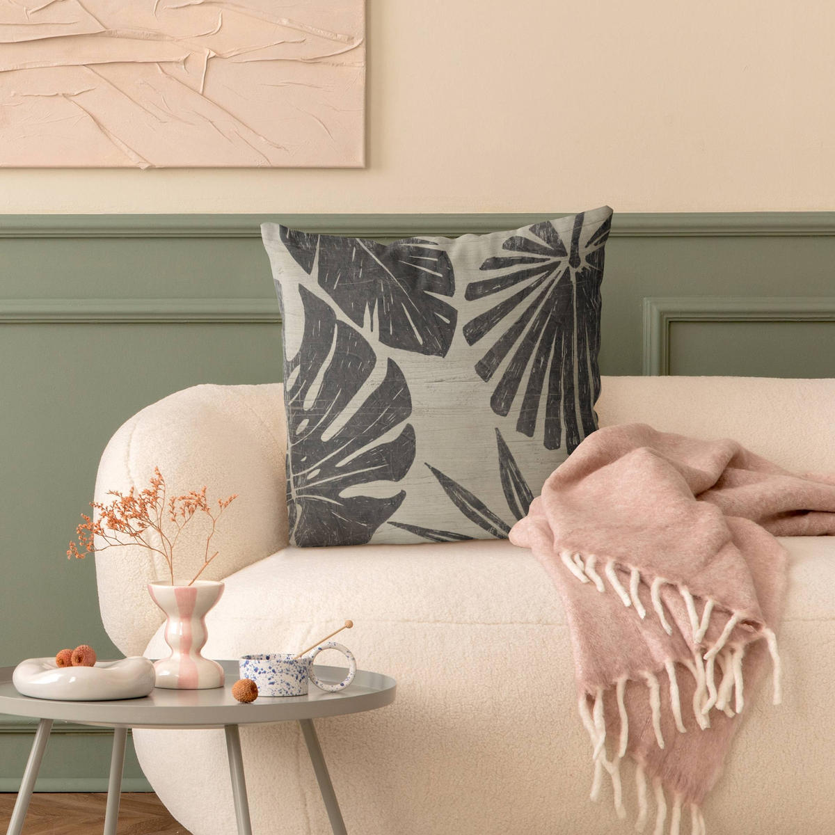 DEKOKISSEN Palmenblätter vor Hellgrau 40/40 cm - Grau, Textil (40/40/10cm) - Bilderwelten