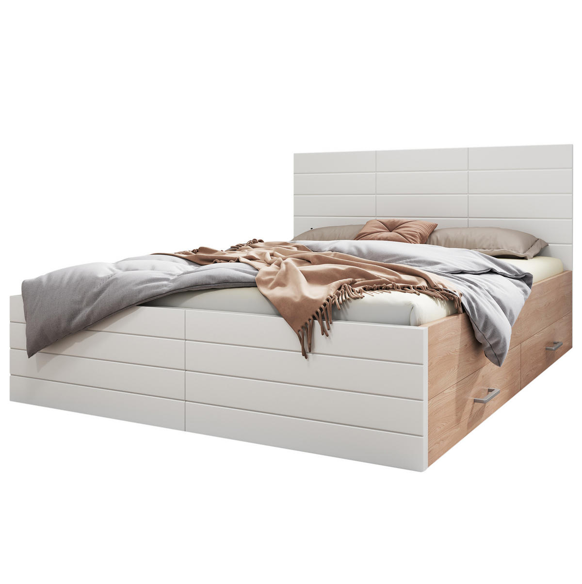 POLSTERBETT aus Massivholz & MDF 160x200 cm in Weiß mit 2 Schubladen - Weiß, Holzwerkstoff (160/200cm) - Modfu