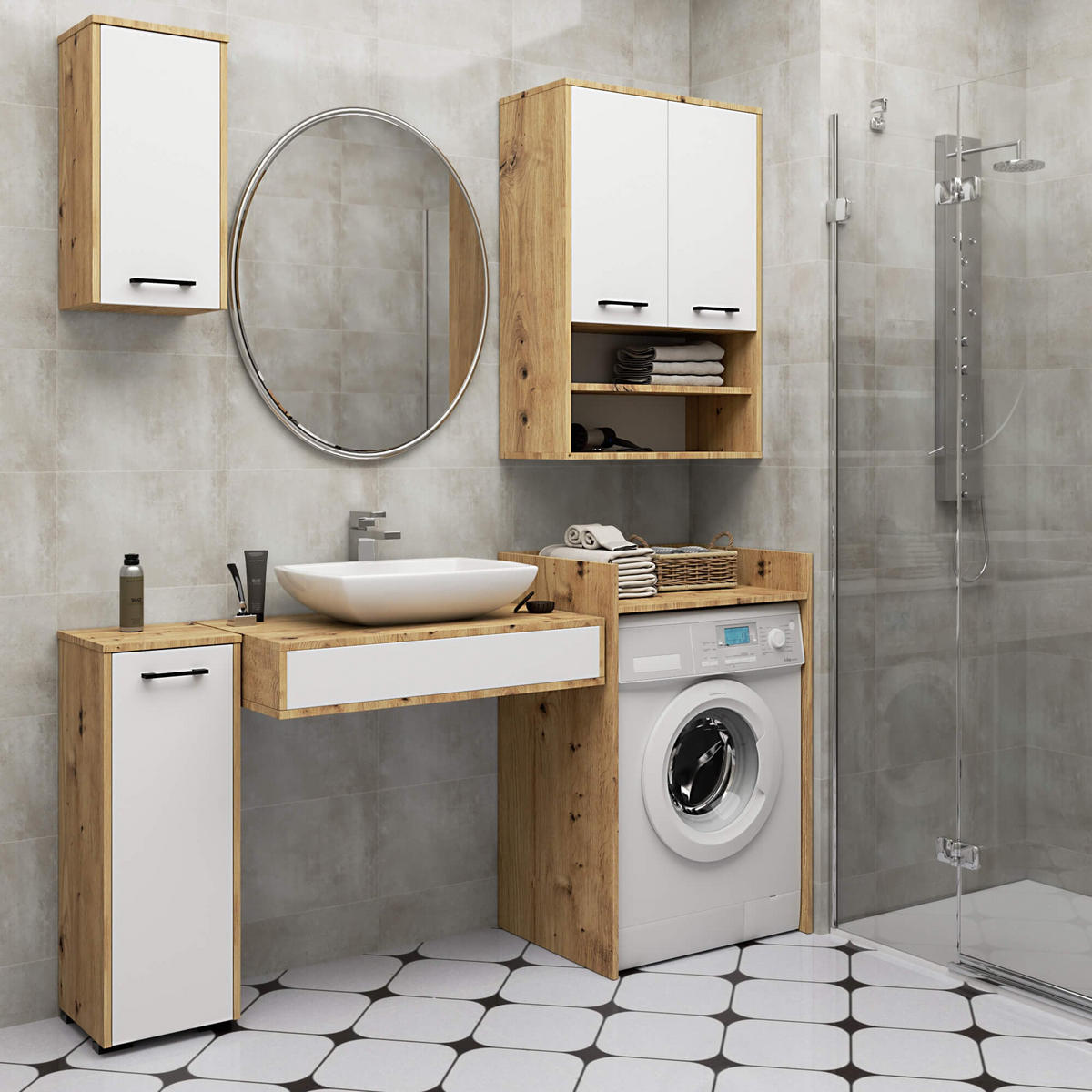 BADEZIMMERSCHRANK FIN Artisan Eiche/Weiß 30x60x22,5 cm - Weiß/Eiche Artisan, Holzwerkstoff/Kunststoff (30/60/22.5cm) - Akord