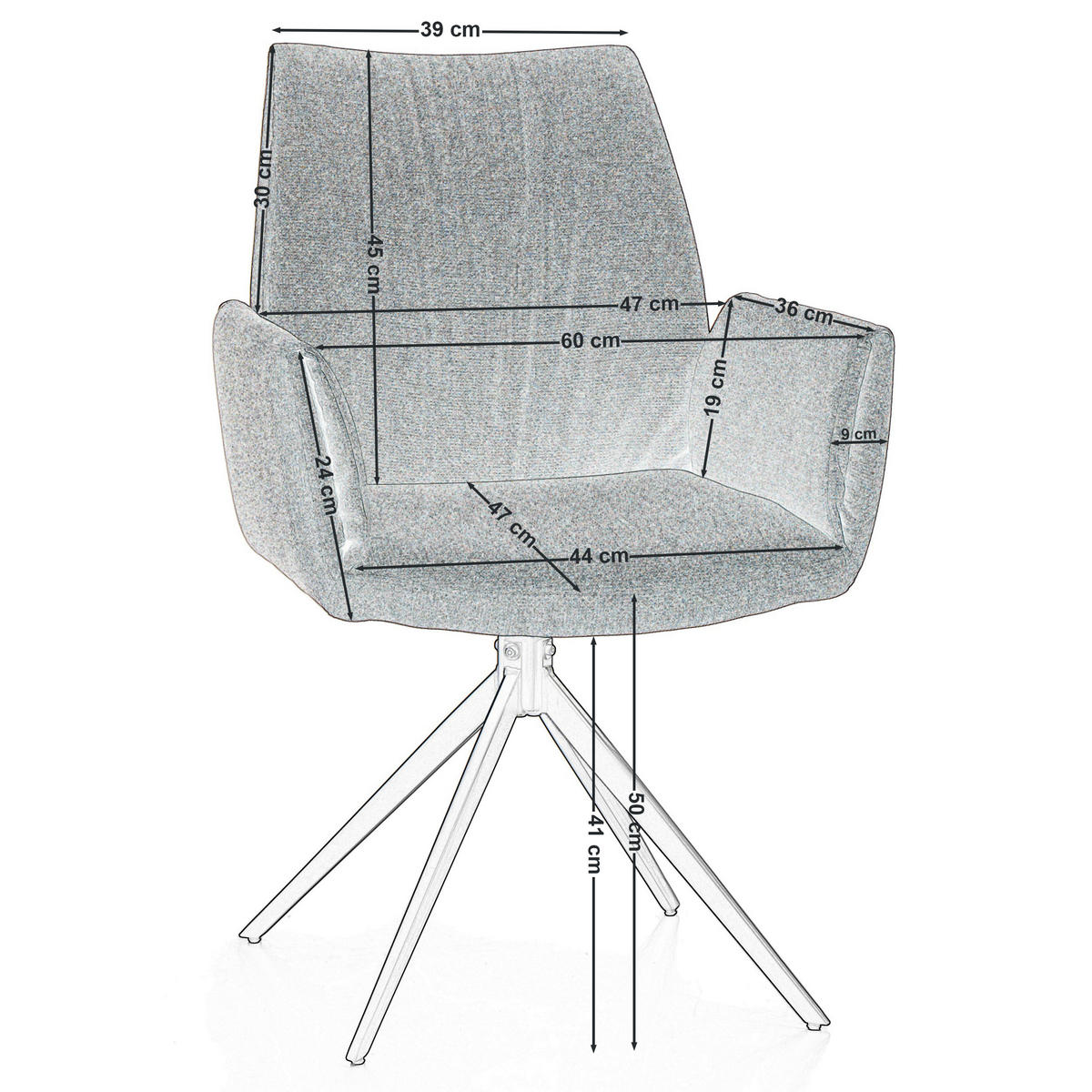 STUHL PRATO gepolstert mit Steppung - grau - Chenille - Schwarz/Grau, Textil/Metall (60/89/63cm) - NEW HOME