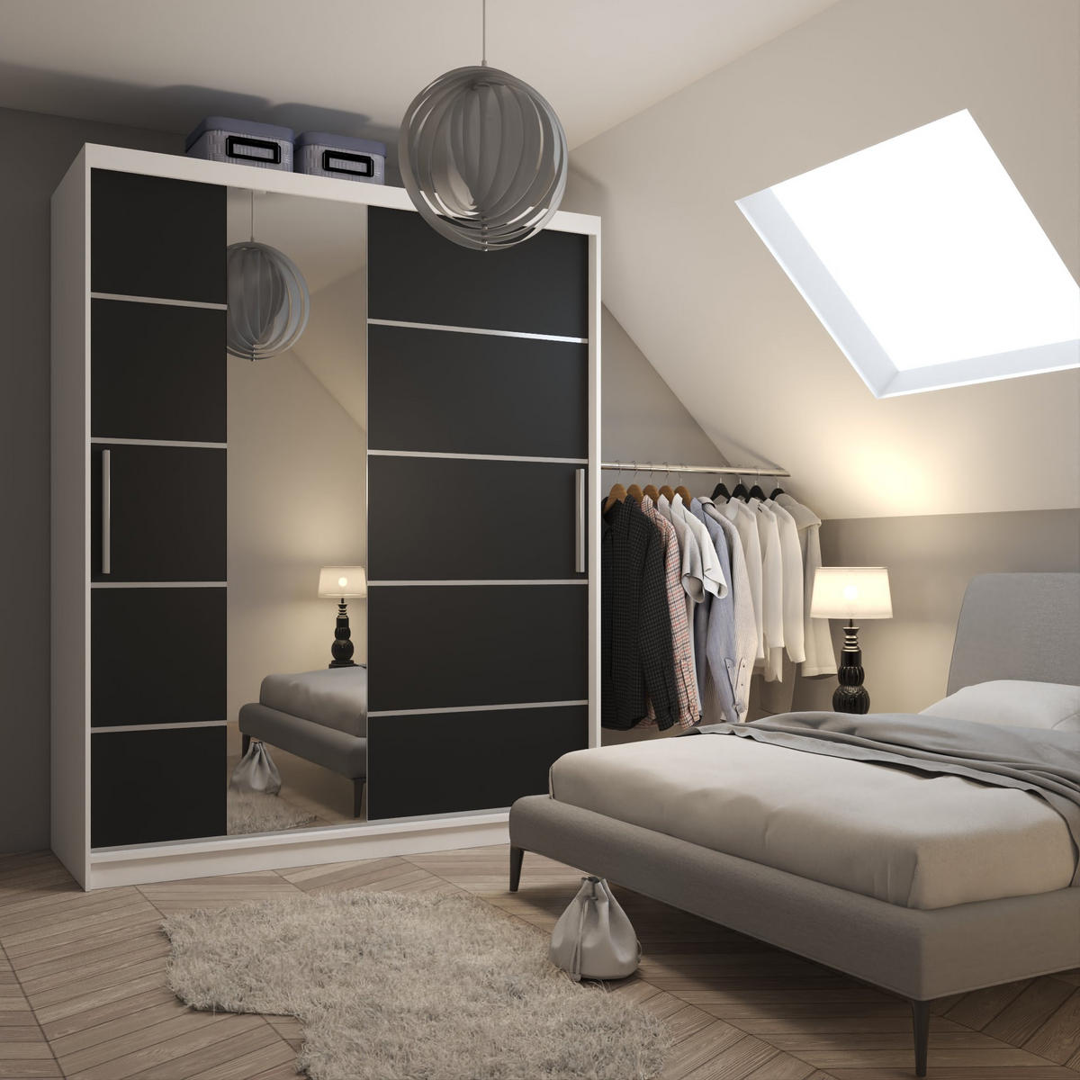 SCHWEBETÜRENSCHRANK Verona MBP, Weiß/Schwarz Matt, 158 cm, mit Spiegel - Schwarz, Holz (158/216/60cm) - B BELINI GROUP