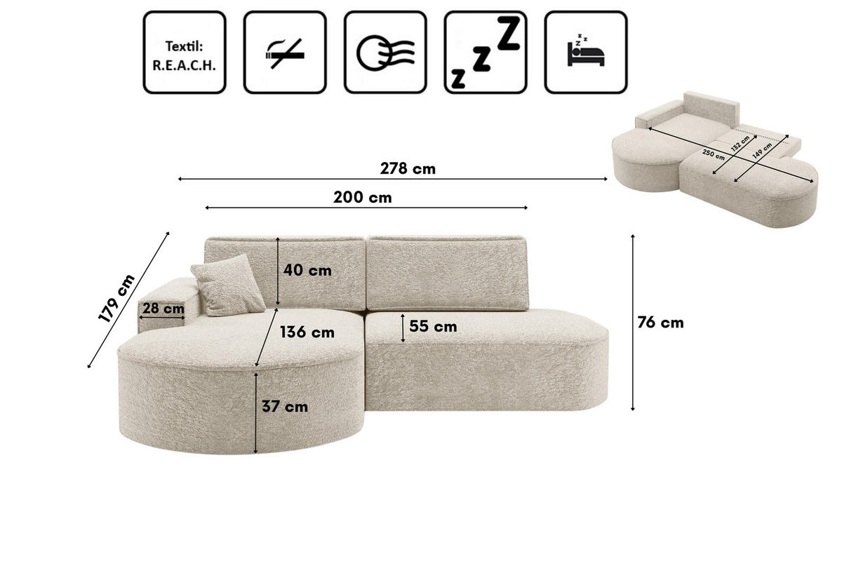 ECKSOFA Modena Pro - Komfort Und Stil stoff Arena Ecru Links - Ecru, Holz (278/179cm) - Kaiser Möbel
