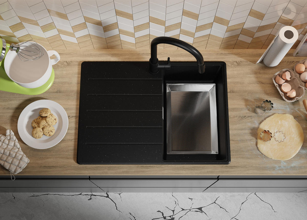 SPÜLBECKEN Kopenhagen, 2-er set Schwarz Metallic 70/50 cm 1 Becken + Ablauf-Set + Schneidebrett ab 40er Unterschrank - Chromfarben/Schwarz Hochglanz, Kunststoff (70/20/50cm) - Primagran