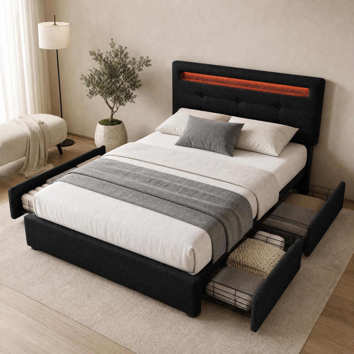 POLSTERBETT 90/200 cm in Schwarz mit 2 Schubladen, LED und Verstellbarem Kopfteil aus Leinen - Schwarz, Holzwerkstoff/Textil (90/200cm) - STILVORA