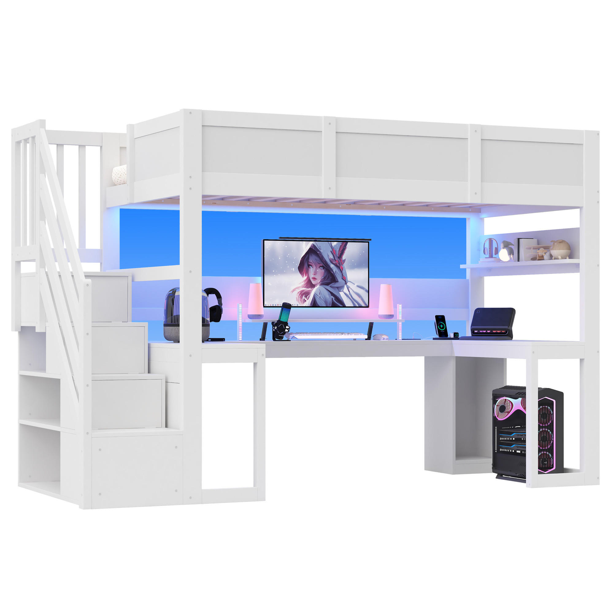 HOCHBETT aus MDF und Sperrholz 90x200 cm Weiß mit Schreibtisch, Stauraumtreppe, LED und USB - Weiß, Holzwerkstoff (90/200cm) - Modfu