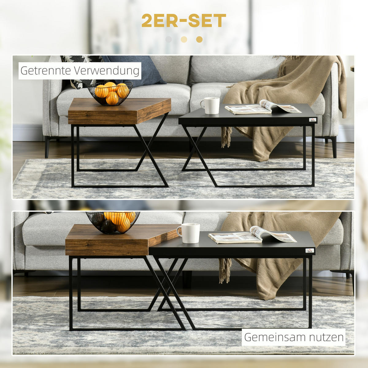 COUCHTISCH 2er Set Beistelltisch mit Stahlrahmen, Geometrischem Industriedesign - Schwarz, Holzwerkstoff/Metall (80/60/42cm) - HOMCOM