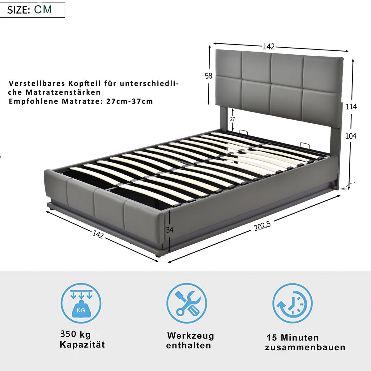 POLSTERBETT 140/200 cm grau mit LED-Beleuchtung und hydraulischem Bettkasten - Grau, Textil (140/200cm) - OKWISH
