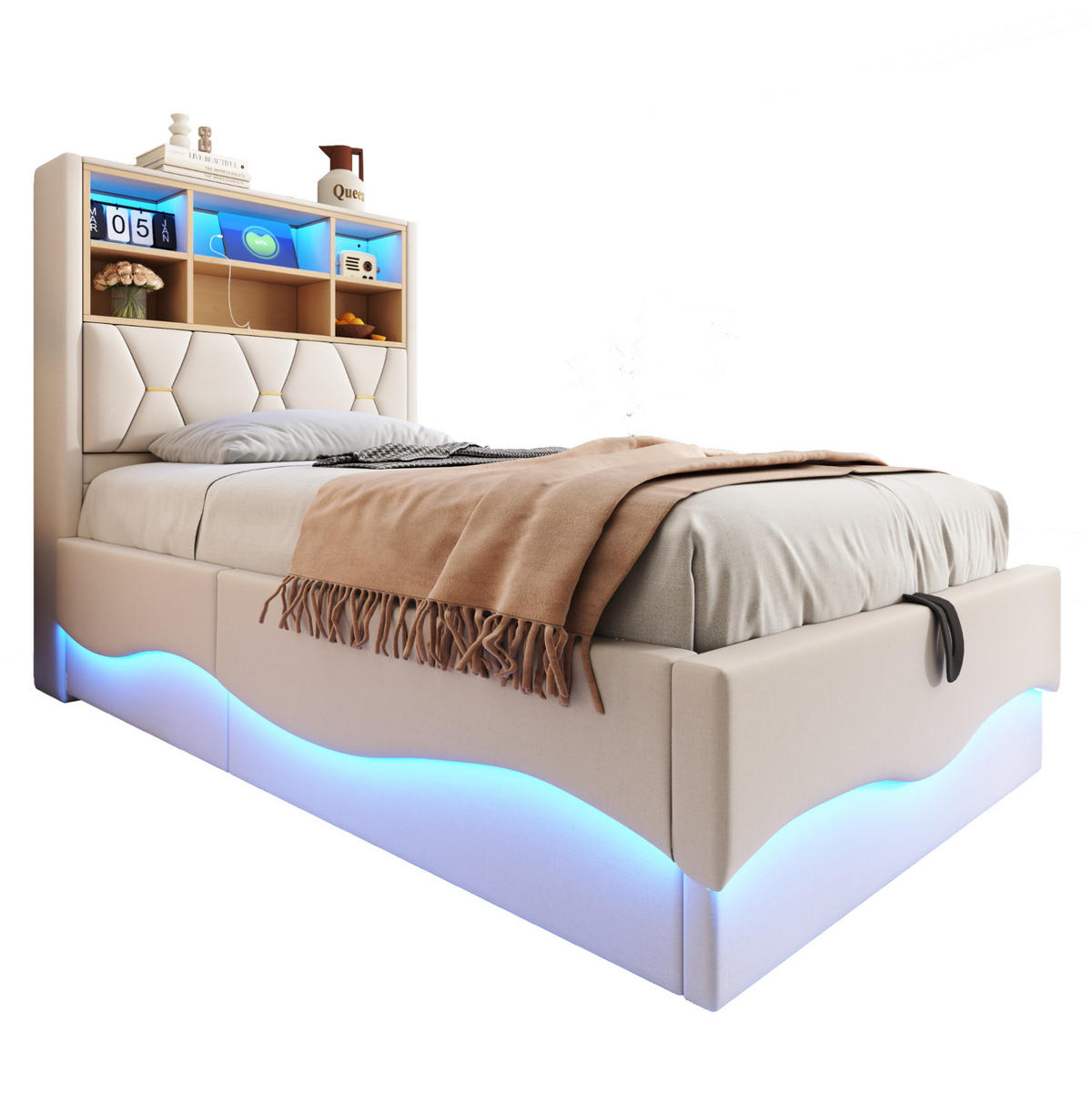 KINDERBETT 90/200 cm mit LED-Beleuchtung, USB-Anschluss, hydraulischem Stauraum und Leinenbezug, Beige - Beige, Metall (90/200cm) - Redom