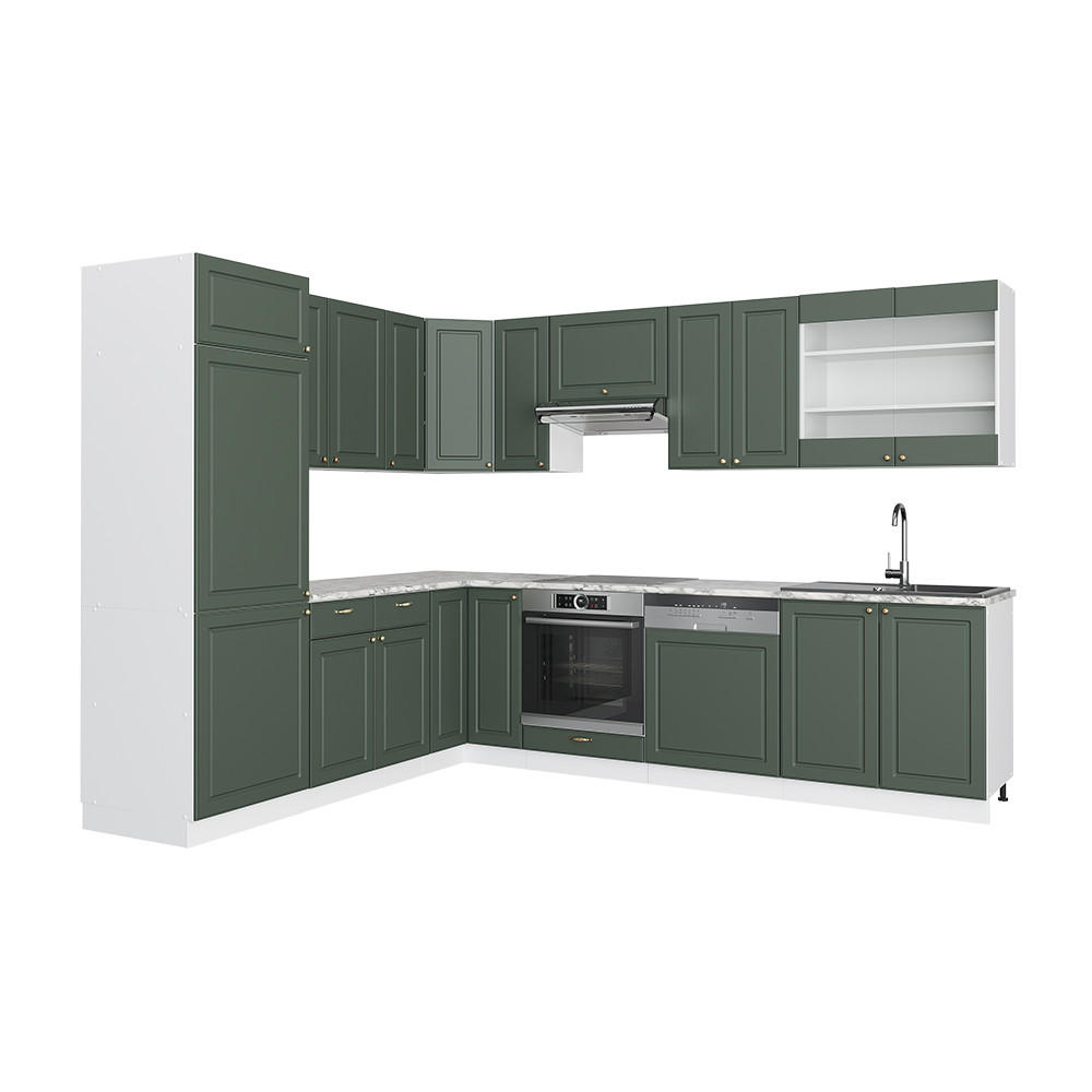 ECKKÜCHE Fame-Line Grün-Gold Landhaus/Weiß 227 x 60 cm ohne AP - Weiß/Grün, Holzwerkstoff (287/81.6/46cm) - Vicco