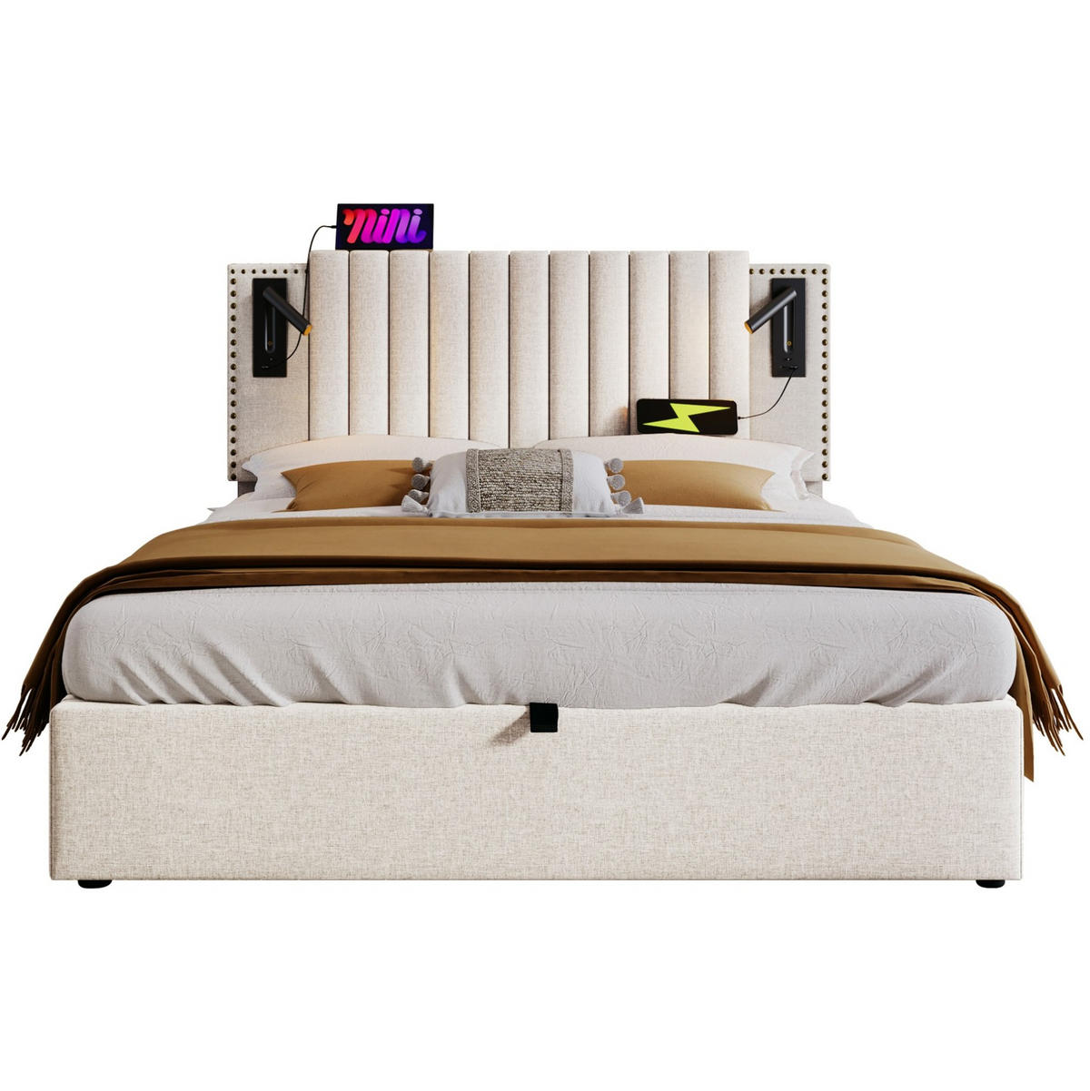 POLSTERBETT aus Baumwolle 140x200 cm Beige mit Bettkasten, Leselicht und USB-/USB-C-Anschlüssen - Beige, Textil (140/200cm) - IVMEU