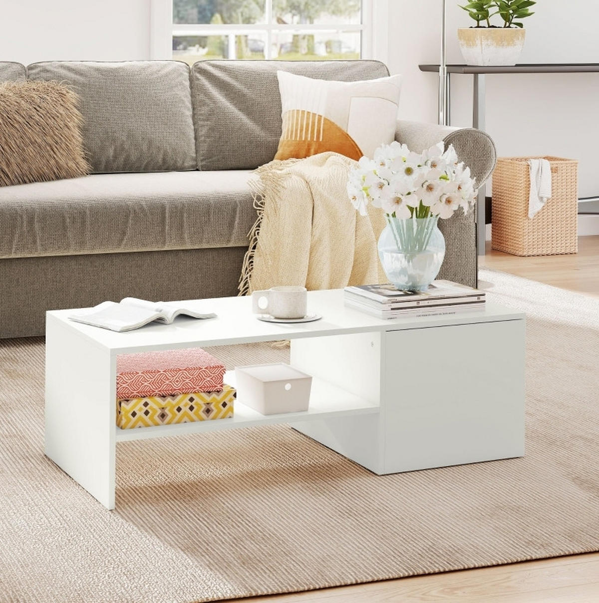 KONFERENČNÍ stolek ze dřeva 110x52x36 cm bílý s posuvnou deskou a úložným prostorem - bílá, kompozitní dřevo (110/52/36cm) - Modfu