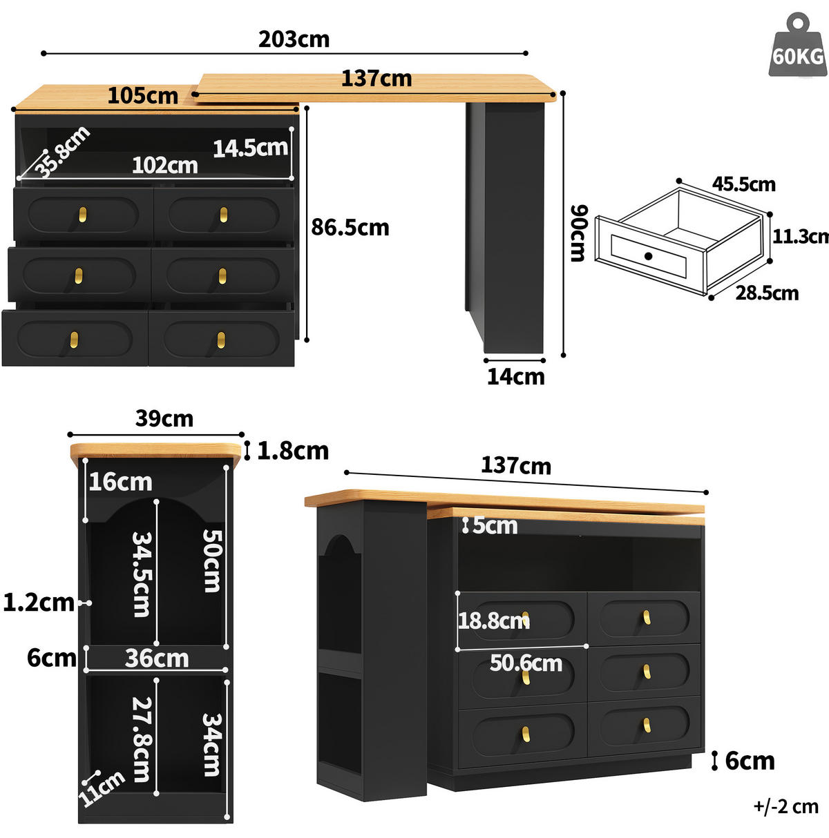 BARTISCH, MDF ausziehbar & drehbar mit Stauraum, 137-203/39/90 cm, Schwarz - Schwarz, Holzwerkstoff (39/90/137cm) - Redom