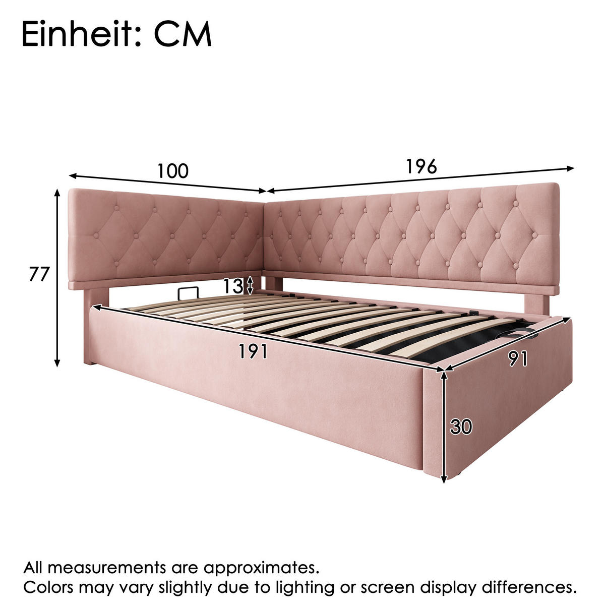 SAMT-POLSTERBETT 90/190 cm in Rosa mit Bettkasten und gepolstertem Kopfteil - Rosa, Textil (90/190cm) - BEAOK