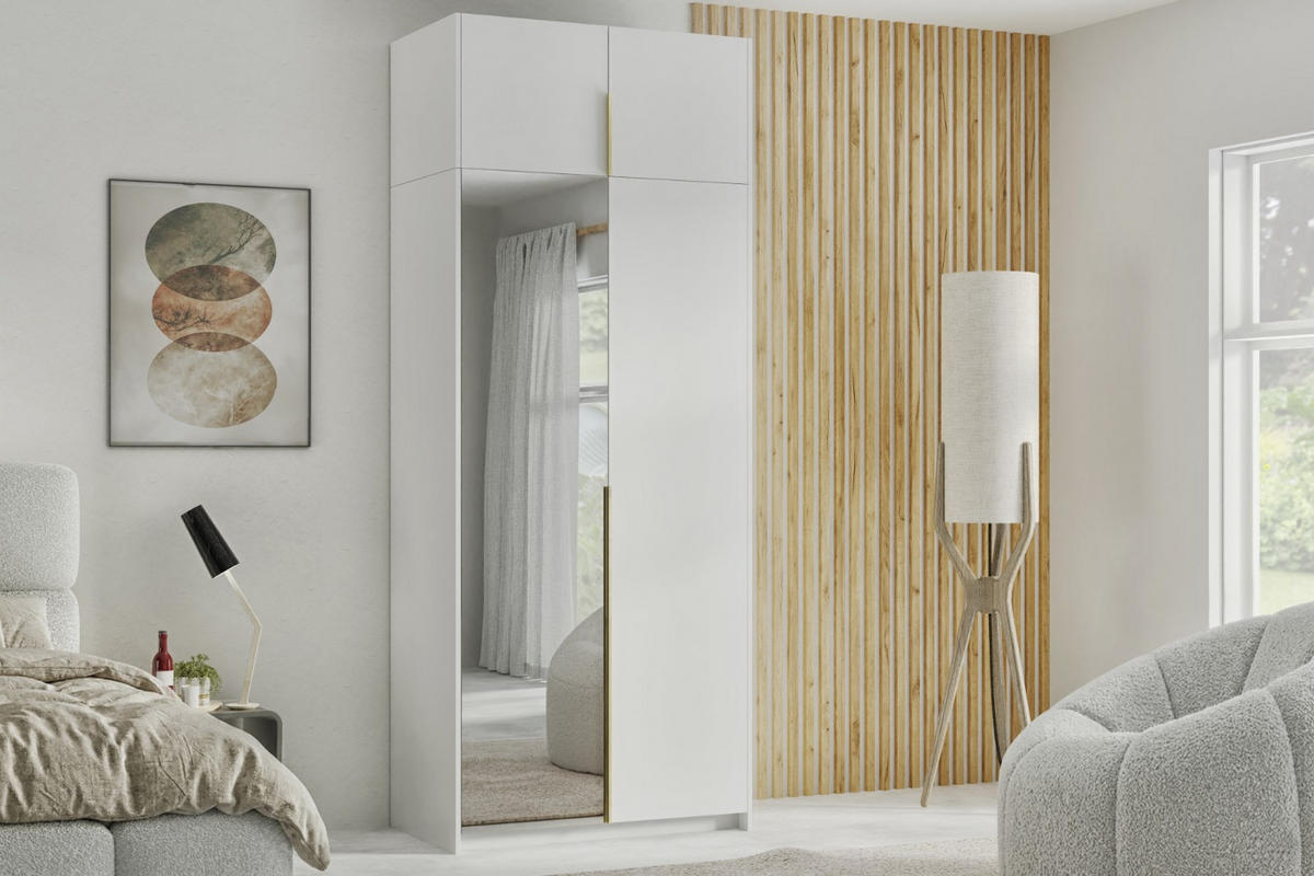 DREHTÜRENSCHRANK Apollonia I mit Spiegel 100x204cm 2-türig, weiß, goldene Griffe - Goldfarben/Weiß, Kunststoff (58/250/100cm) - Margaret Hadas24